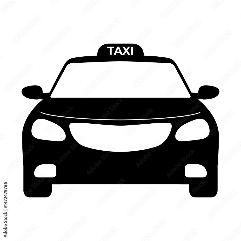 Obraz premium Front View of Taxi Car Vector Silhouette Illustration. This vector illustration features a black silhouette of a modern taxi car viewed from the front.