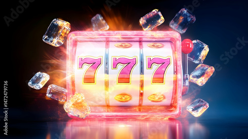 Hot, winning slot machine with 777, surrounded by fire and ice