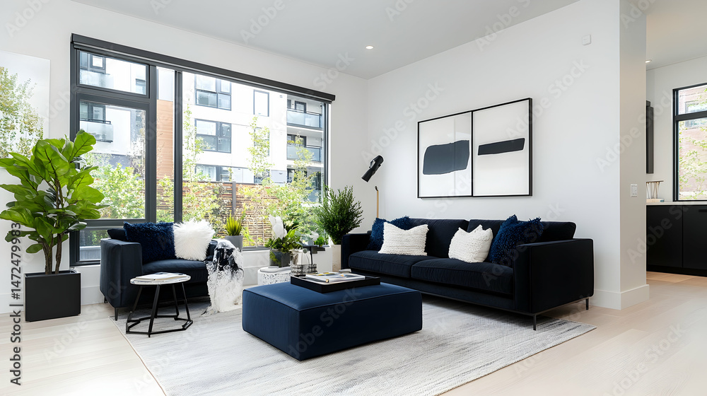 Fototapeta premium Modern, minimalist living room with large windows offering city views. Dark blue sofas, accent chairs, and ottoman create a sophisticated space
