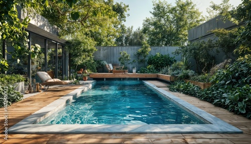 Wallpaper Mural a serene rectangular pool nestled within a lushly planted modern courtyard offers a tranquil retreat bathed in dappled sunlight. Torontodigital.ca