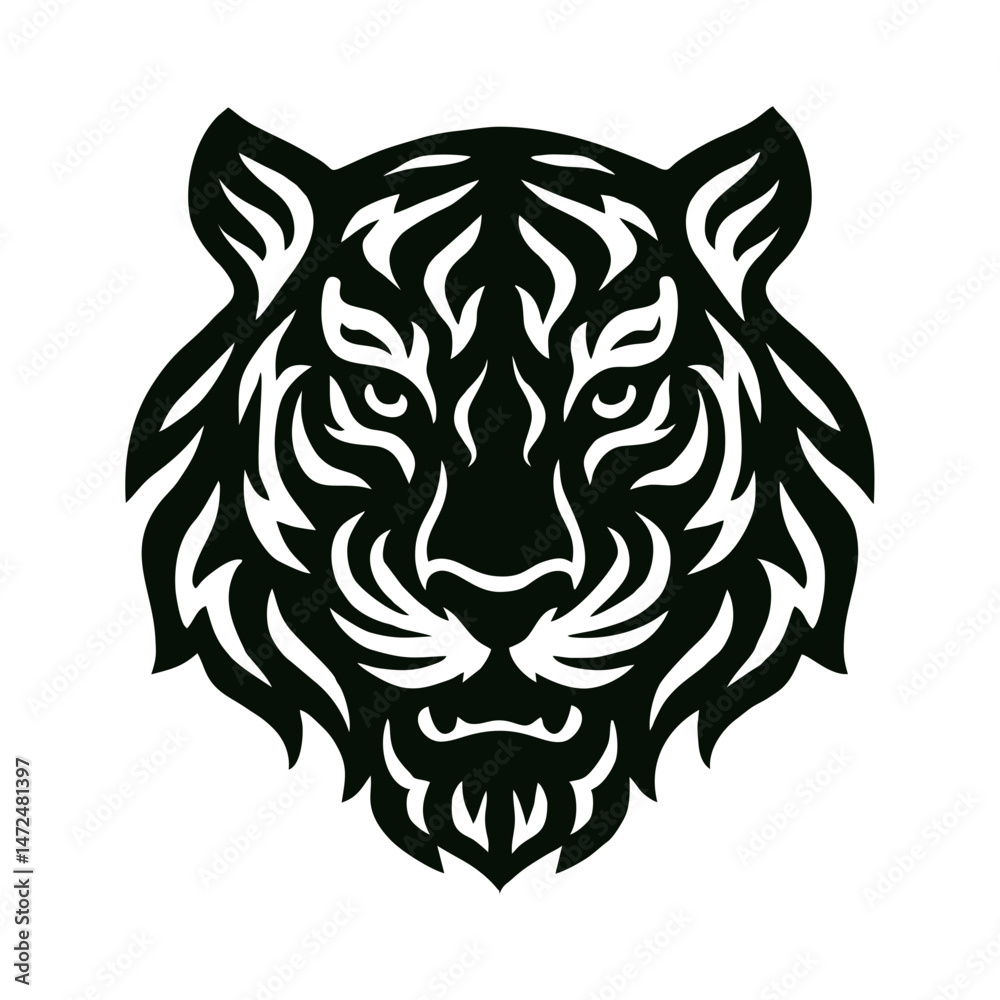 Obraz premium Tiger Head Tribal Black Vector – Fierce Wild Cat Face Silhouette for Tattoos, Warrior Spirit Icons, and Jungle-Inspired Designs – Swirl Ethnic Style on Transparent Background