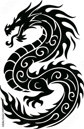 Curved Eastern Tribal Dragon in Flowing Swirl Silhouette – Ethnic Tattoo Vector for Asian Culture, Mysticism, and Power Representations – Transparent Black SVG Design