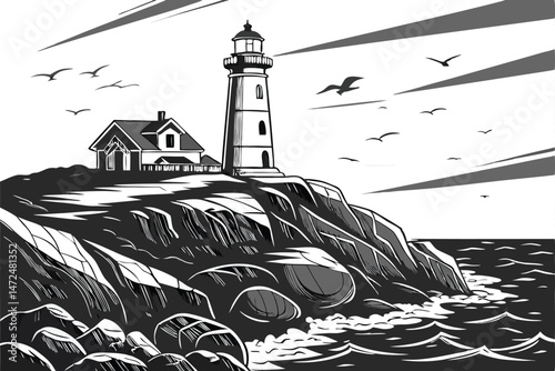 55 detailed lighthouse on rocks by the sea, birds flying, dramatic lighting, high contrast black and white, detailed shading, cinematic, photorealistic
