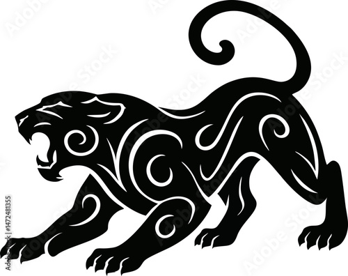 Roaring Tribal Panther in Dynamic Swirl Black Vector Style – Aggressive Animal Design for Tattoos, Sports Logos, and Power Symbol Projects on Transparent SVG Background