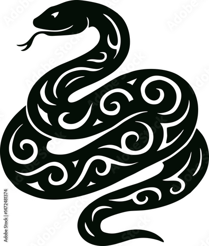 Coiled Tribal Snake in Black Swirl Silhouette – Dangerous Totem Vector Symbol for Tattoo Designs, Ancient Culture Themes, and Spiritual Energy Concepts – Transparent SVG Format