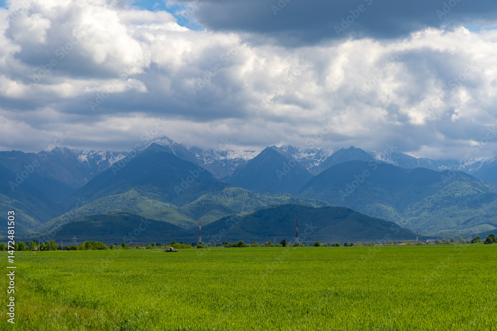 Fototapeta premium Landscape with the Fagaras Mountains in Romania seen from a distance