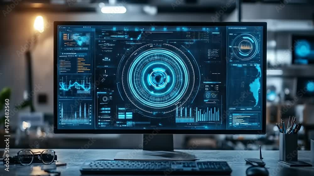 Futuristic interface displayed on a desktop monitor, showing various data graphs and visualizations Futuristic interface displayed on a desktop monitor, showing various data graphs and visualizations