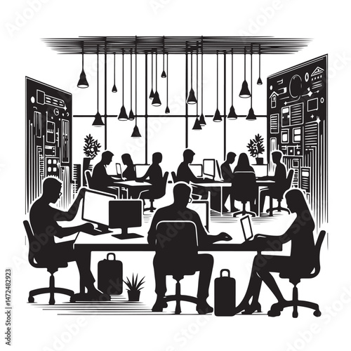 Office coworking space with business people working at desks in black silhouette vector style