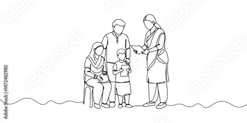 Continuous one line drawing of a person helping a family access microfinance, symbolizing microfinance and financial inclusion, line art style vector illustration.