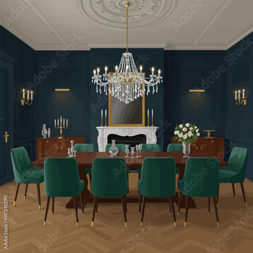 Elegant Dining Room Interior with Chandelier, Fireplace, and Green Chairs