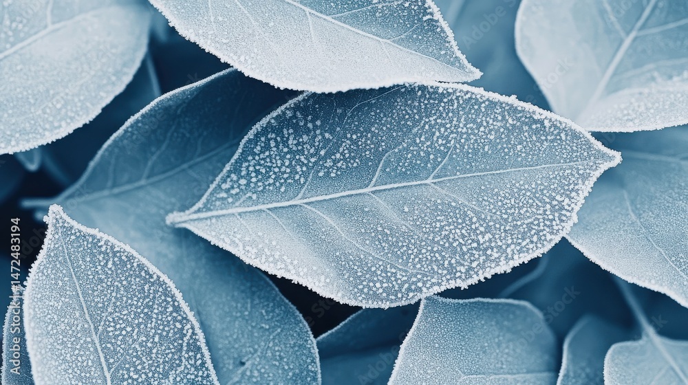 Obraz premium Frosted Green Leaves with Dew Drops on Blue Background