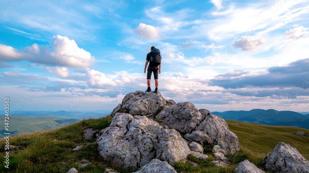 Obraz premium A lone hiker stands triumphantly atop a rocky mountain peak, gazing out at a vast, scenic panorama under a partly cloudy sky. : Generative AI