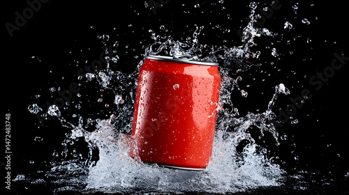 Red soda can erupts in a splash of water
