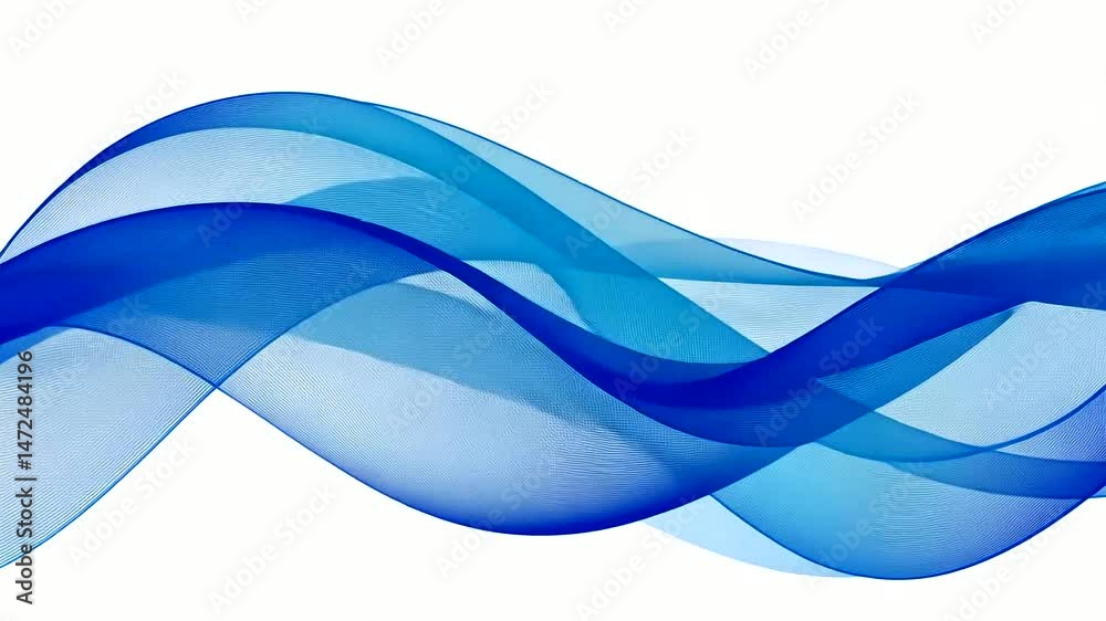 Flowing translucent blue waves, made of fine lines, overlap on white, creating depth and abstract motion