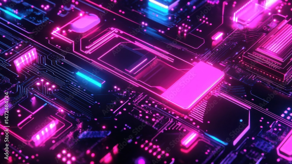 High-tech Circuit Board with Neon Lights and Futuristic Design High-tech Circuit Board with Neon Lights and Futuristic Design