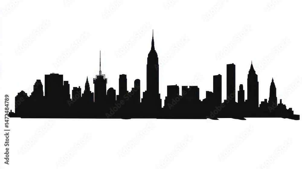 Naklejka premium NYC Skyline Silhouette Black and White Cityscape Illustration