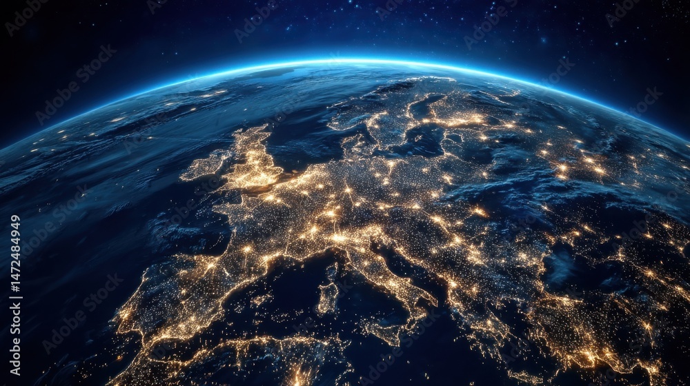 Obraz premium Night view of Europe from space, showcasing city lights illuminating the continent's geography. A stunning display of urban development and human activity across the European landscap : Generative AI
