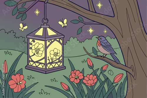 56 A stained glass lamp with a floral design, fireflies hovering around the lamp, a bird perched on a branch, a lush garden with flowers, whimsical, detailed, vibrant colors, realistic, 3D, cinematic 