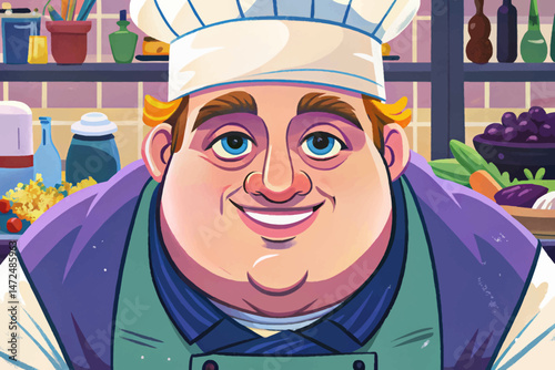 Funny Fat chef smile on kitchen background cartoon