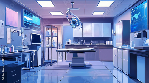 Digital veterinary exam room with modern equipment and lighting  