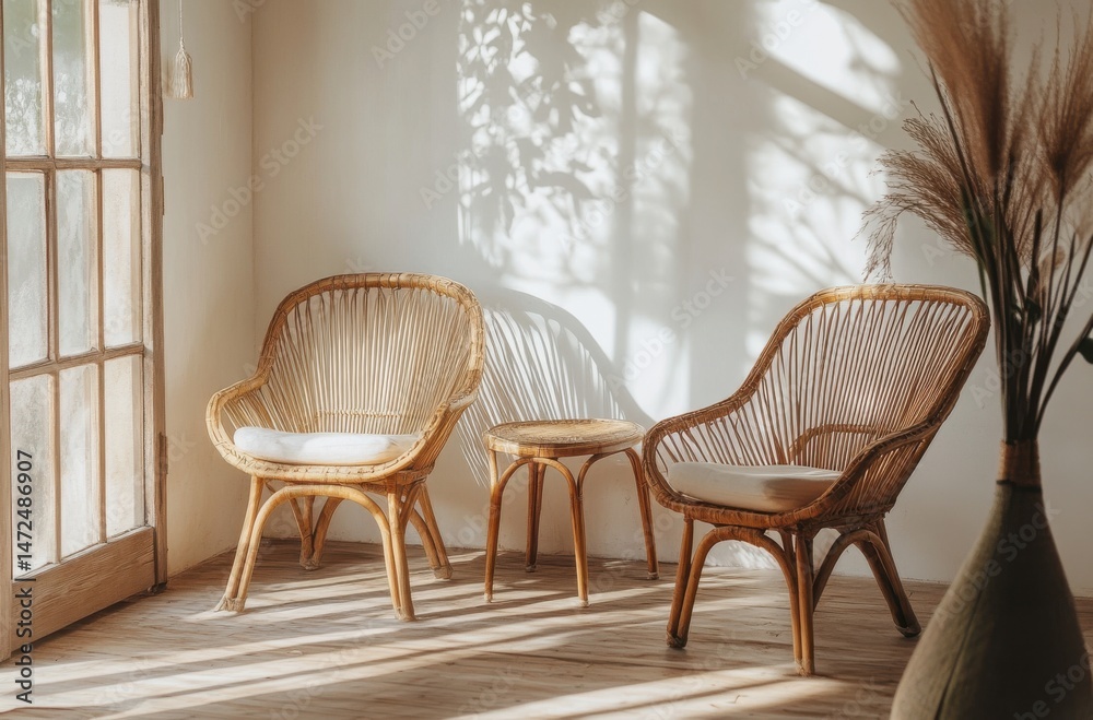 Fototapeta premium Serene living space with rattan chairs and sunlight
