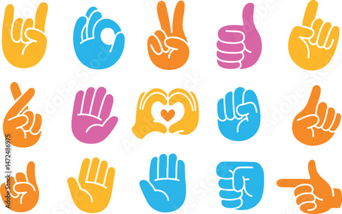 Vector set of icons and simple linear illustrations, hands and gestures, poster, logo, print design template, hand drawn hands in minimal modern art style, stickers for social media