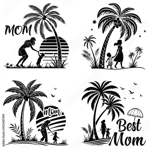 Mom loves black line art set t-shart set  art and illustrator eps 10 isolated on white backgroun
