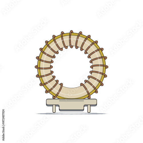 Vector illustration of a toroidal transformer coil used in compact and efficient electrical circuits for voltage conversion and signal isolation. Perfect asset for educational and engineering.