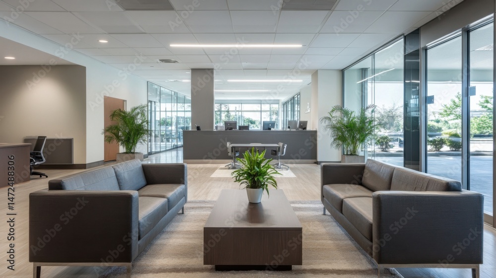 Fototapeta premium Modern office lobby with gray sofas, a coffee table, and large windows offering a view of a parking lot and trees. : Generative AI