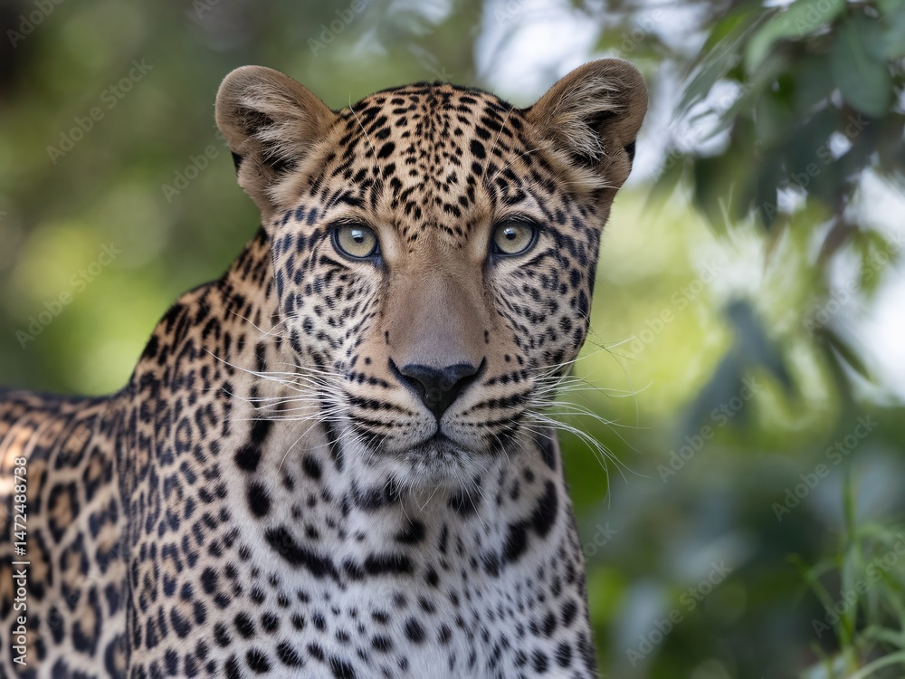 Fototapeta premium A majestic female leopard gazes intensely, showcasing her vibrant spotted coat and captivating eyes.