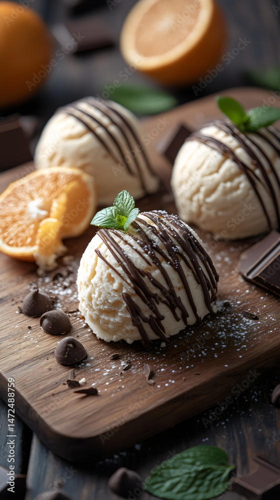 Delicious ice cream scoops topped with chocolate drizzle and orange slices on a wooden board Delicious ice cream scoops topped with chocolate drizzle and orange slices on a wooden board