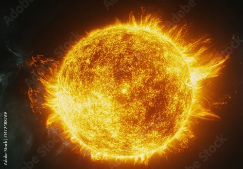 A vibrant, detailed close-up of the sun, showcasing its fiery corona and textured surface against a dark space backdrop.  The image evokes feelings of immense power and cosmic wonder. : Generative AI