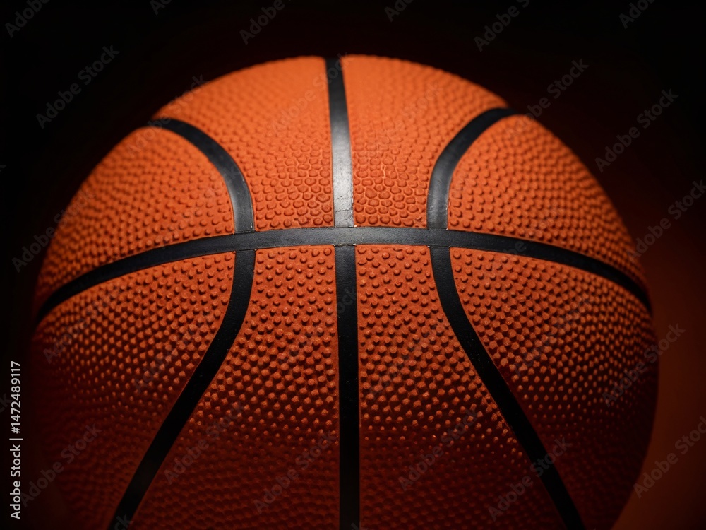 Fototapeta premium Close-up of a textured orange basketball on a dark background, showcasing its unique surface details.