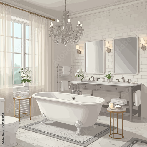 Elegant Bathroom Interior with Bathtub Chandelier and Neutral Color Scheme