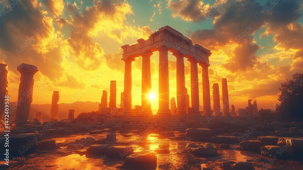 Fototapeta premium Ancient ruins bathed in golden sunset