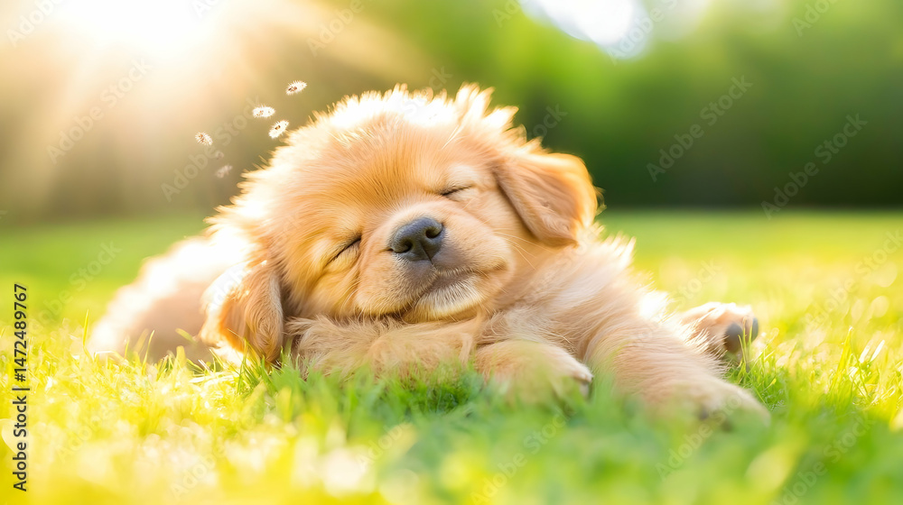 Fototapeta premium Adorable puppy napping outdoors in sunny grass