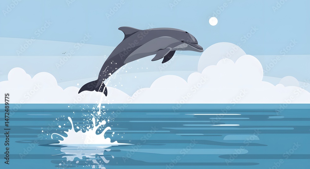 Fototapeta premium Dolphin Jumping From Ocean Waters with Cloudy Sky