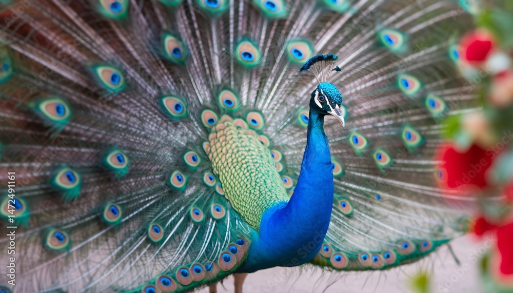 Obraz premium Majestic peacock displaying vibrant plumage in a lush garden setting.