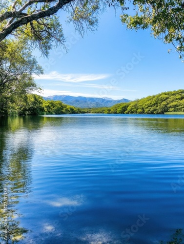 Serene lake view framed by lush green trees, with a distant mountain range under a clear blue sky.  The tranquil water reflects the surrounding nature, creating a picturesque landscape : Generative AI