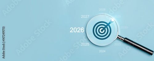 Happy new year 2026. Business strategy goals concept. 2026 year number with inside the magnifying glass, marketing, goals, success and sustainable business development. future business goals.