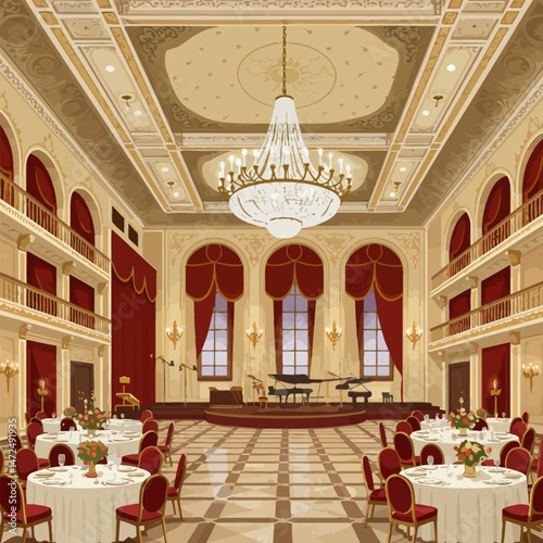 Elegant Ballroom with Tables Set and Musical Instruments on Stage