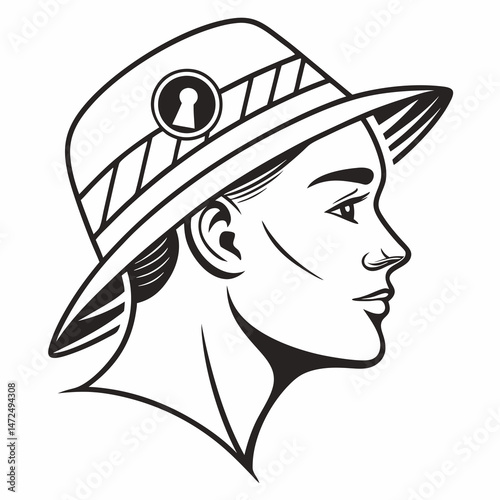 Profile of a young woman wearing a hat with a keyhole emblem, symbolizing curiosity and adventure