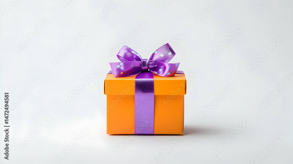 Fototapeta premium Orange gift box with purple ribbon and bow