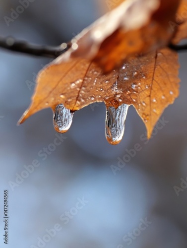 Frozen raindrops clinging to a brown autumn leaf, reflecting the blurred winter landscape below.  A delicate scene of nature's artistry in the cold season. : Generative AI