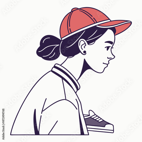 Profile of a trendy young woman wearing a cap and holding a sneaker, representing fashion and urban lifestyle