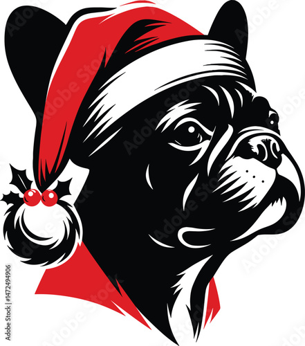  French Bulldog Wearing Santa Hat – Christmas Silhouette Vector Illustration