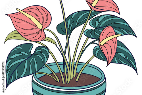 58 anthurium flowers in a blue ceramic pot, vibrant tropical colors, lush foliage, detailed petals, soft lighting, studio shot, photorealistic