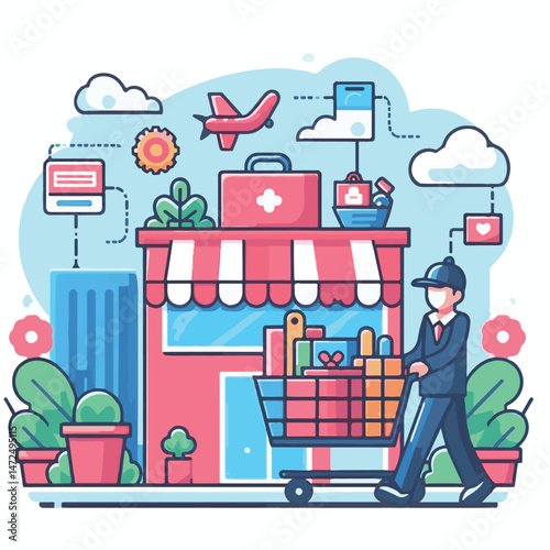trolley, retail, market, supermarket, sale, business, store, shop, purchase, cart, commerce, buy, basket, background, isolated, food, object, customer, shopping, illustration, grocery, metal, vector, 