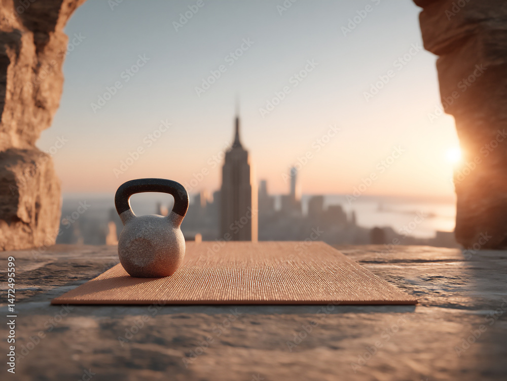 Obraz premium a 3d rendering of a rooftop fitness area in a city, with a yoga mat, kettlebell, and jump rope on a rubber floor. city skyline in the background at sunset.