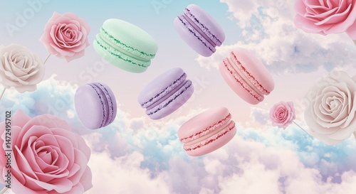 Fototapeta Naklejka Na Ścianę i Meble -  Colorful macarons and roses floating in dreamy cloudscape - whimsical dessert design